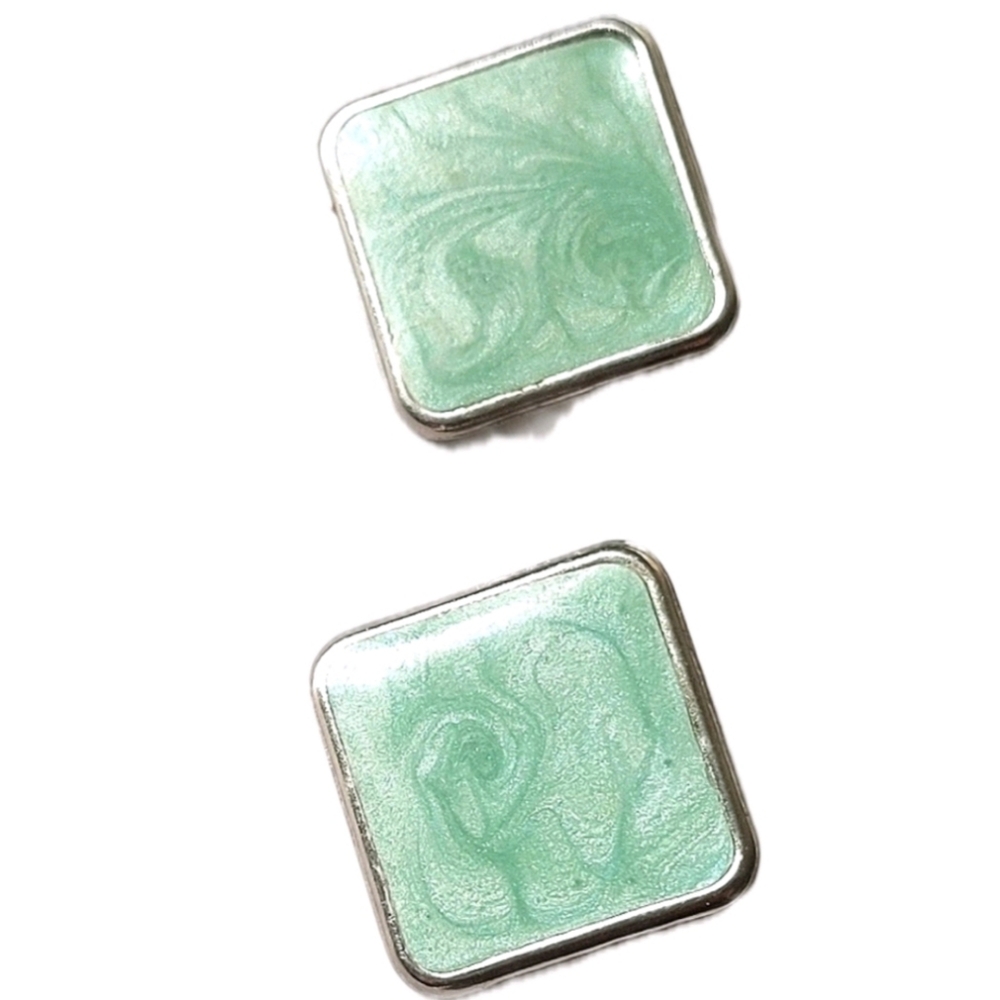Vintage Retro Square Mint Green Pierced Statement Earrings Costume Jewelry